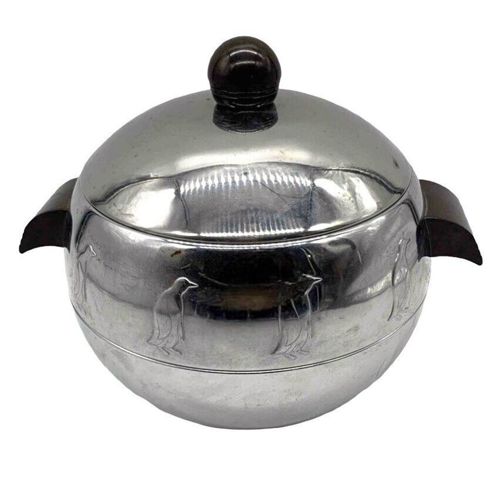 Penguin Ice Serving Bucket Vintage West Bend Chrome Steel Round Shaped Hot Cold